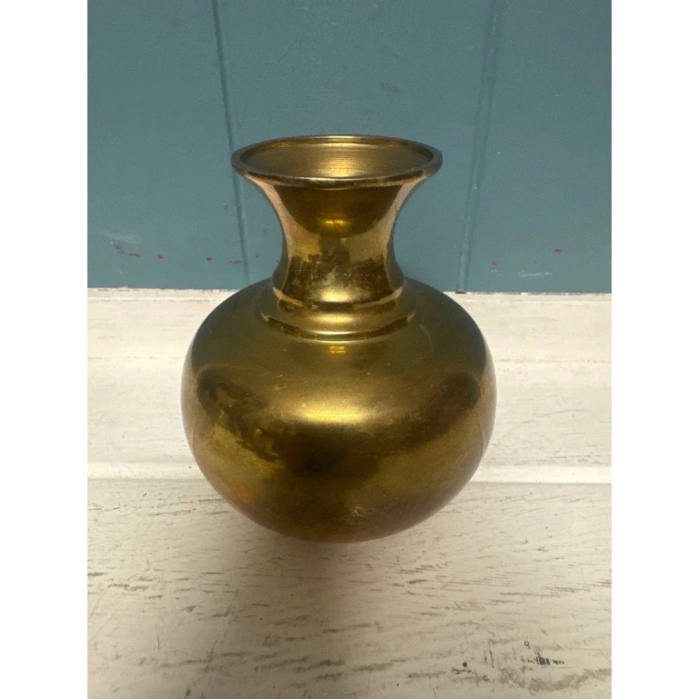 Vintage Solid Brass‎ Bud Vase Bulbous Flared Rim Gold Tone Decorative Vessel